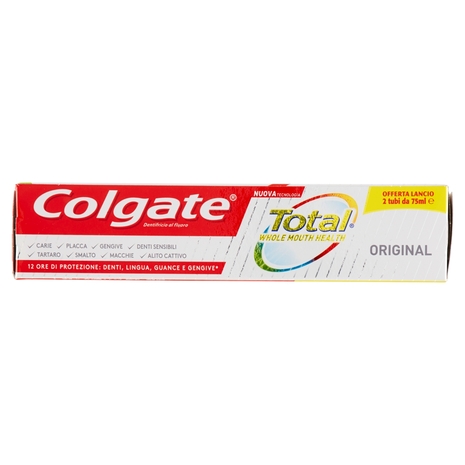 Colgate dentifricio Total Original, protegge dai batteri lingua, guance e gengive bitubo 2x75ml